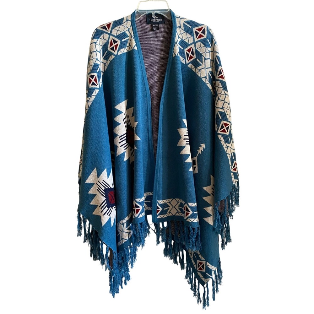 Lucchese Lightweight Alpaca Cape Peruvian Poncho Taos Collegiate Blue One Size